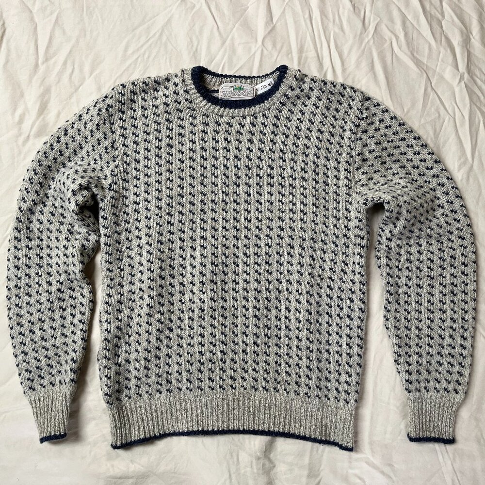 Crewneck Beige and Navy Wool Blend Birds Eye Sweater